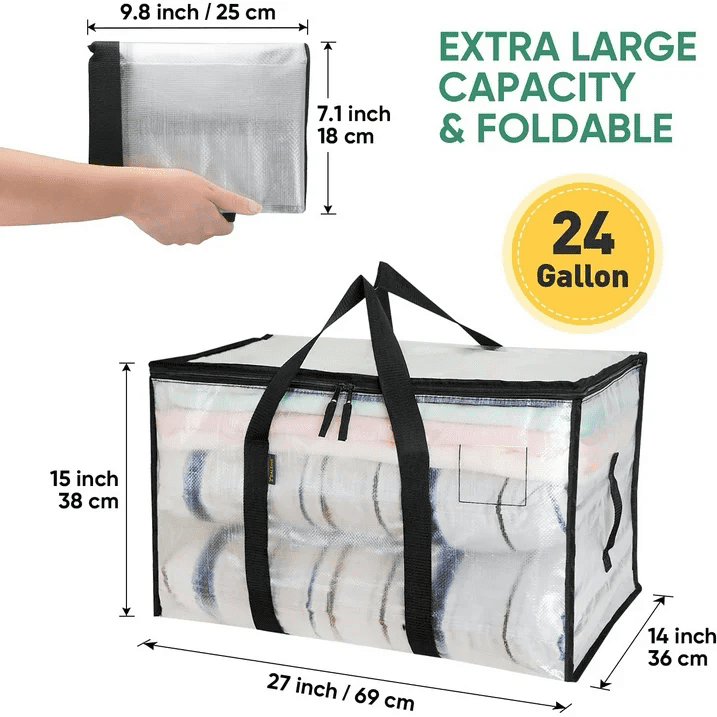 DLD 6 Pack XL Heavy Duty Foldable Moving Bags Sturdy & Durable Clothes Storage Bags Totes Bins, Blue Packing Bags Moving Boxes College Moving Supplies, Clear