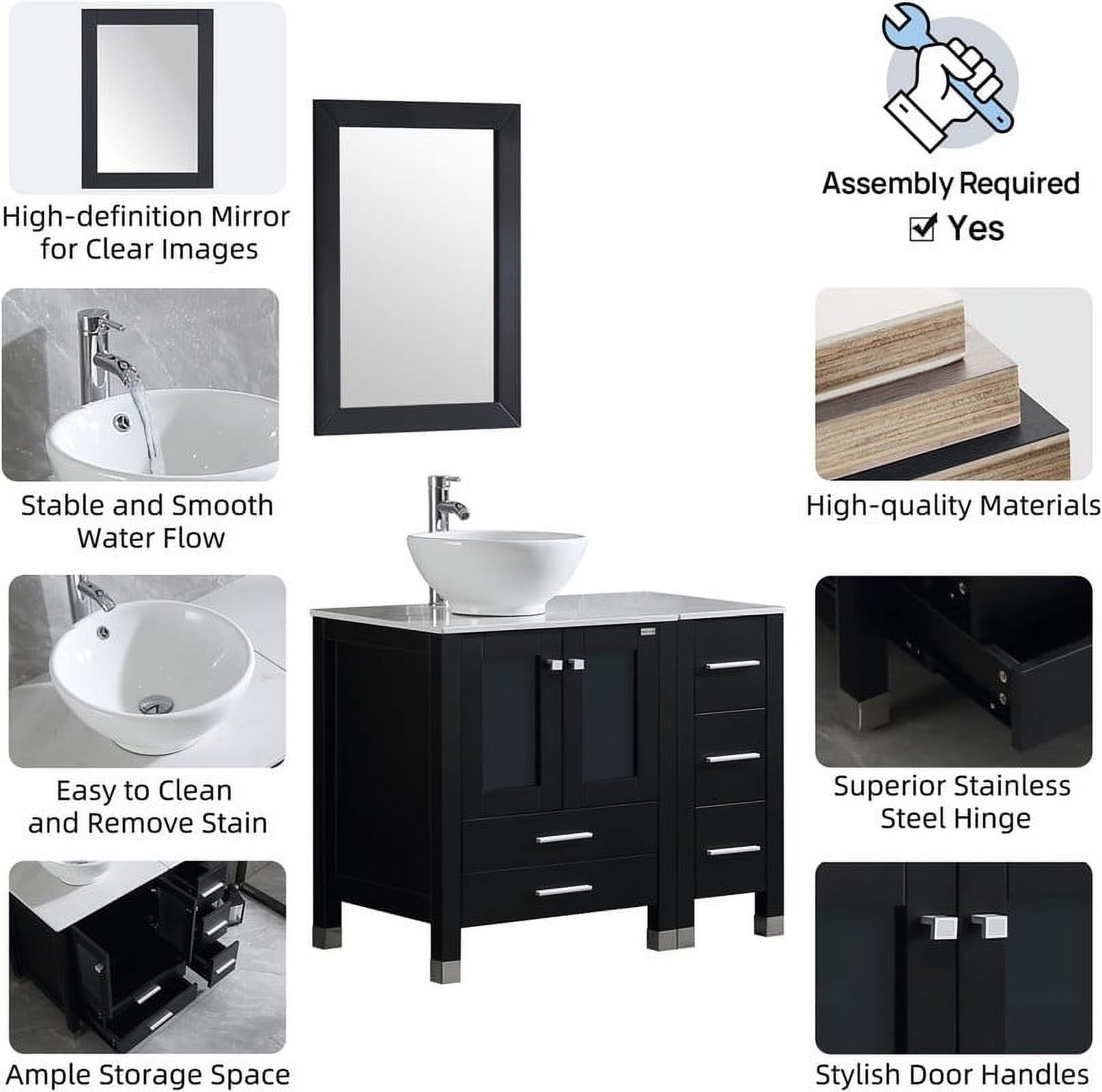 Wonline 36" Luxurious Bathroom Vanity and Sink Combo Wood Cabinet Top Round Ceramic Vessel Sink Faucet Drain Combo with Mirror Vanities Set,Black