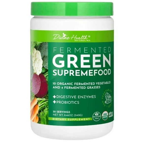 Dr. Colbert MD Fermented Green Supremefood | by Divine Health | 14 USDA Organic & Fermented Vegetables and Grasses | Probiotics | Enzymes | Apple Cinnamon Flavor | 30 Servings | 240g