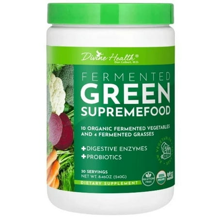Dr. Colbert MD Fermented Green Supremefood | by Divine Health | 14 USDA Organic & Fermented Vegetables and Grasses | Probiotics | Enzymes | Apple Cinnamon Flavor | 30 Servings | 240g