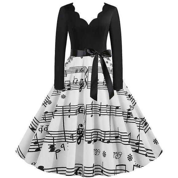 Women Musical Note V-neck Swing A-line Dress Long Sleeve Retro Fancy Evening Party Dresses