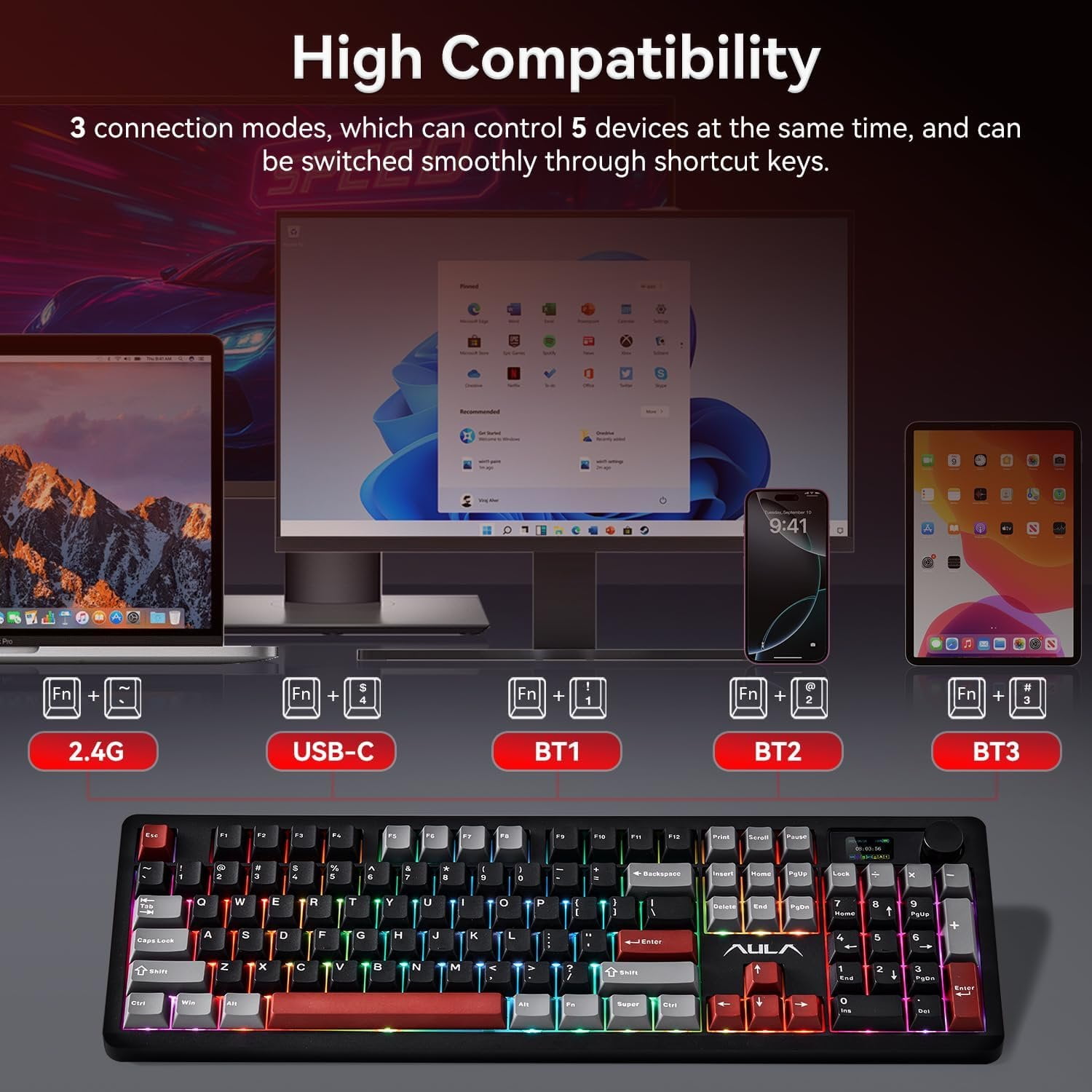 F106 PRO Mechanical Keyboard, 104 Gaming Keyboard with Knob & Screen, Tri-Mode RGB Hot Swappable Creamy Sounding Keyboards for PC/Laptop/Windows - Black Red