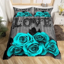 Turquoise Grey Bedding Set Teal Rose Flowers Duvet Cover Full For Girls Men Women Valentine'S Day Wedding Comforter Cover,Country Rose Floral Quilt Cover 2 Pillow Cases (No Comforter)