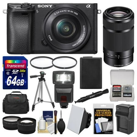 Sony Alpha A6300 4K Wi-Fi Digital Camera & 16-50mm with 55-210mm Lens + 64GB Card + Case + Flash + Battery & Charger + Tripod + Filters + Kit