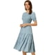 thumbnail image 1 of Vestido escalonado fruncido para mujer, cuello redondo, manga farol elástica, vestido informal de línea A Azul L, 1 of 6