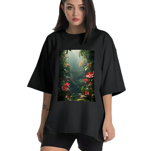 Plus Size Shirt for Women Black Tops for Women Short Sleeves Shirt for Women Tropical Plants2 T Shirt Crewneck Shirt for Women XS