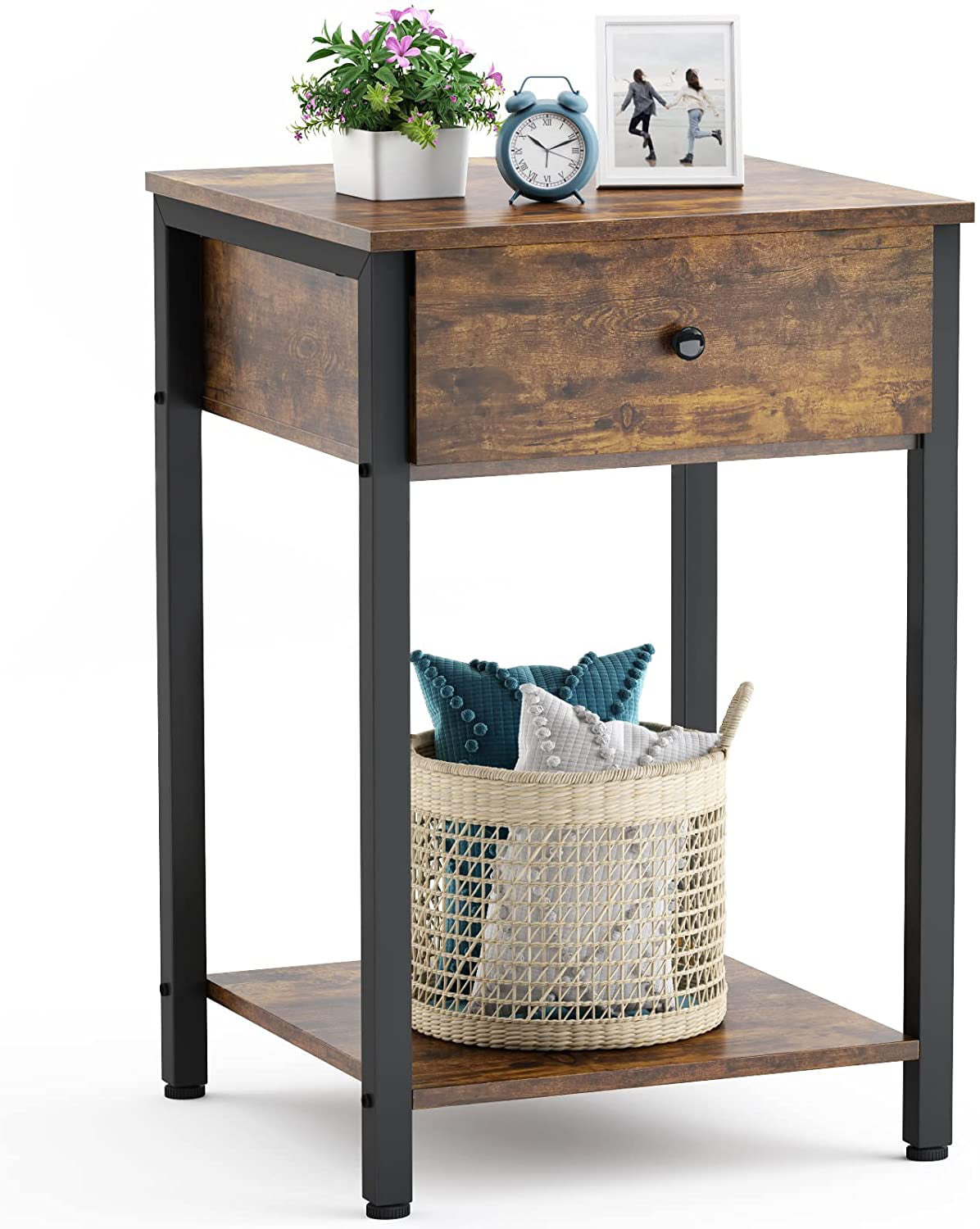 Nightstand Set Of 2 Bedside End Table Organizer Wood 2 Tier 1 Drawer Rustic NEW 