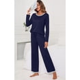 thumbnail image 2 of Pyjama à Manches Longues pour Femmes, Col Rond Doux, Bleu Marine, 2 of 5