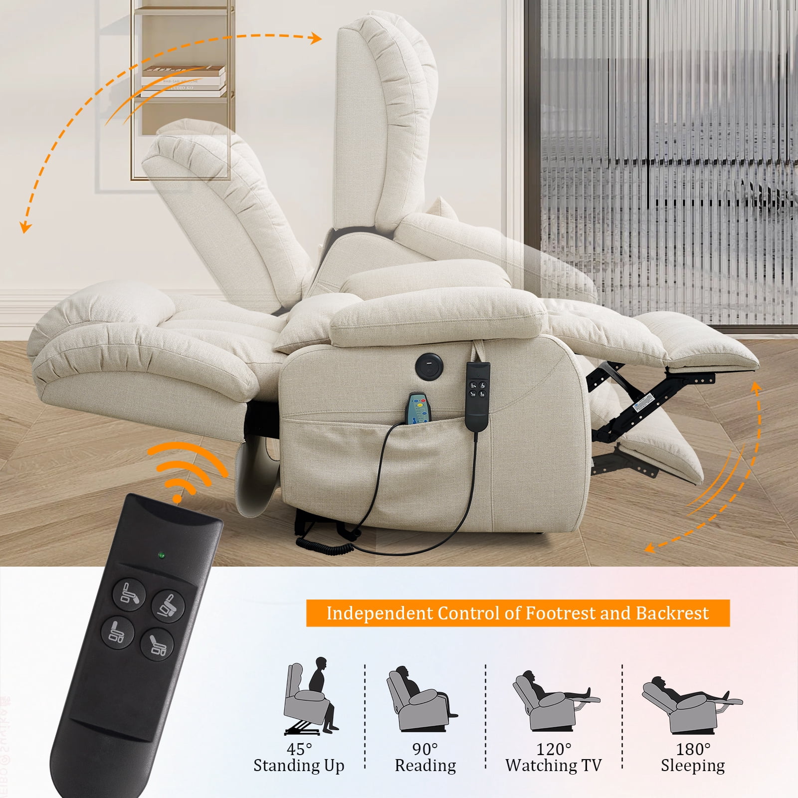 TEKAMON Infinite Position Lift Recliner Chair for Elderly with Heat and Massage Lay Flat Sleeping Power Lift Chair, Linen Fabric, Beige