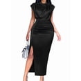 thumbnail image 3 of Women'S Satin High Slit Maxi Dress - Elegant Mock Neck Cap Sleeve Formal Attire Black L, 3 of 8