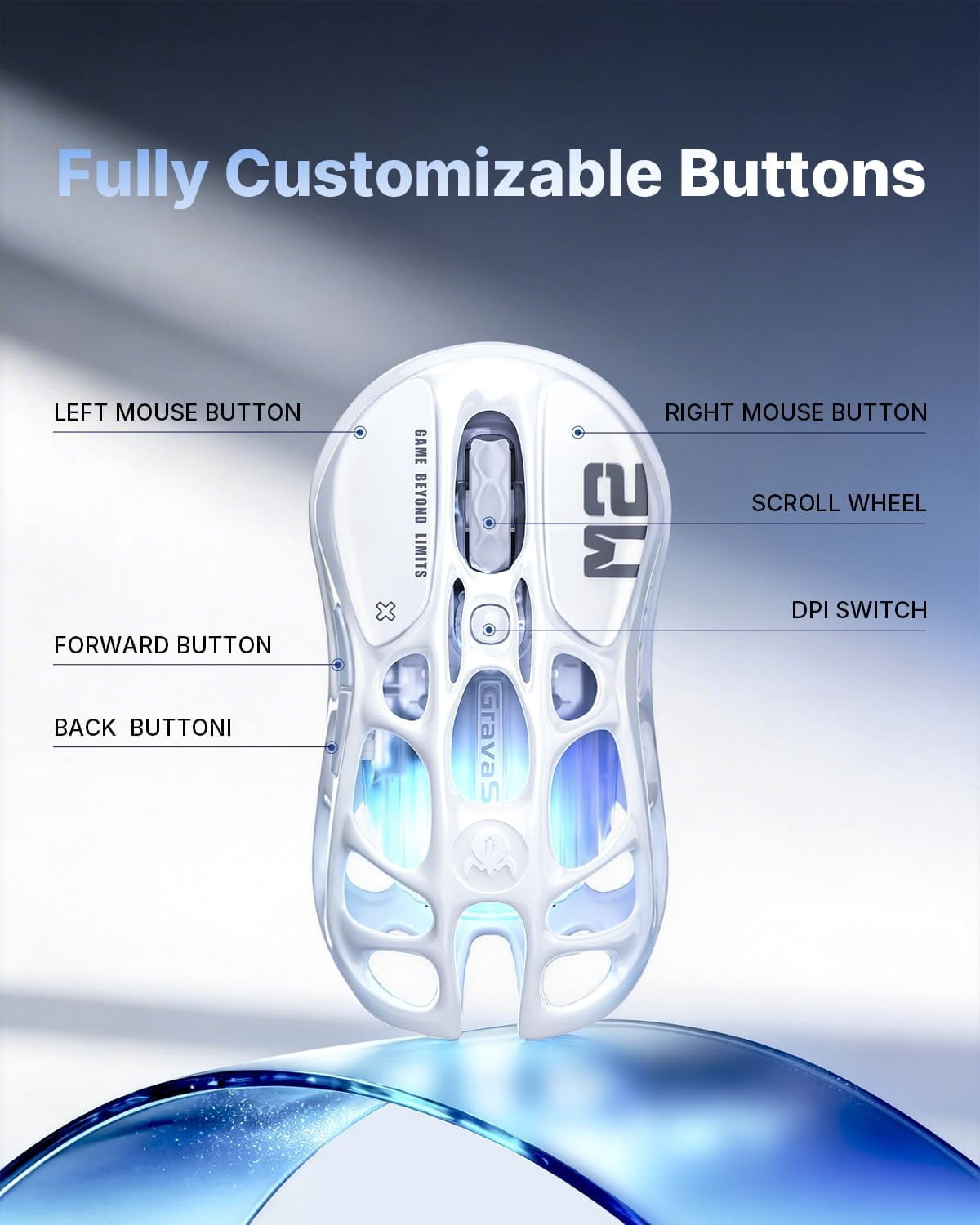 GravaStar Mercury M2 Wireless Gaming Mouse - PAW3395 26K DPI, 79g Lightweight Hollowed-Out Design, Tri-Mode, RGB - Opaline White