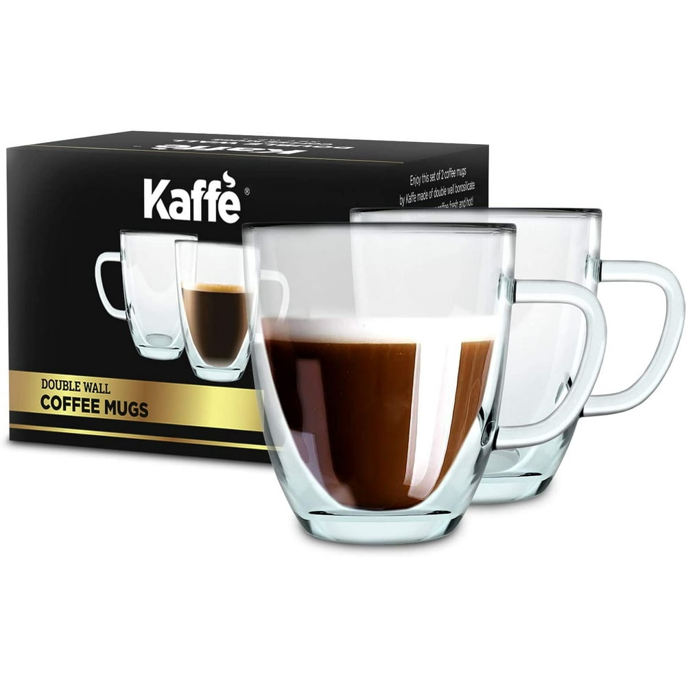 Kaffe 16oz Glass Coffee Mugs. Large DoubleWall Borosilicate Glass