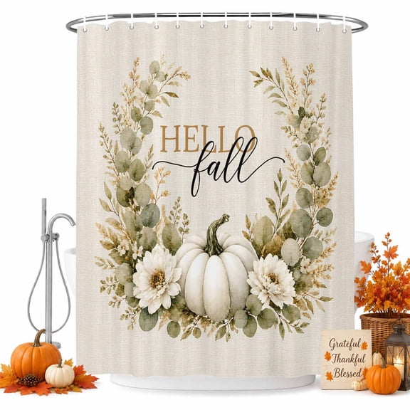 Thanksgiving Shower Curtain, Waterproof Shower Curtains for Bathroom, Fall Pumpkin Eucalyptus Leaves Floral Watercolor Washable Fabric Bathtub Curtain Set Bath Decor with 12 Hooks 48"x72"