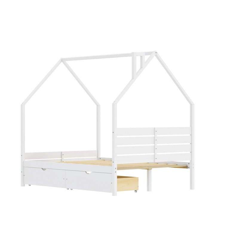 Full Size Kids House Bed Frame, Montessori Child Floor Bed with 2 Storage Drawers, Wooden Low Profile Platform Bed