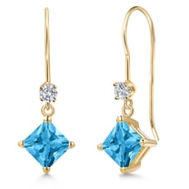 Gem Stone King 14K Yellow Gold Swiss Blue Topaz and Lab Grown Diamond Earrings for Women | 1.73 Cttw | Gemstone November Birthstone | Princess 5MM