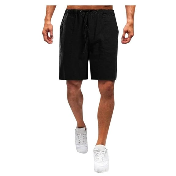 HOOMEUMY Men's Summer Linen Cotton Shorts Drawstring Elastic Waist Beach Shorts with Pockets Lightweight Solid Color Bermuda Shorts for Men Black L