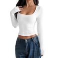 thumbnail image 2 of T-Shirt à Manches Longues Col Carré Côtelé Ajusté Confort Extensible Basique pour Tenue Décontractée et Superposition Blanc TG, 2 of 9