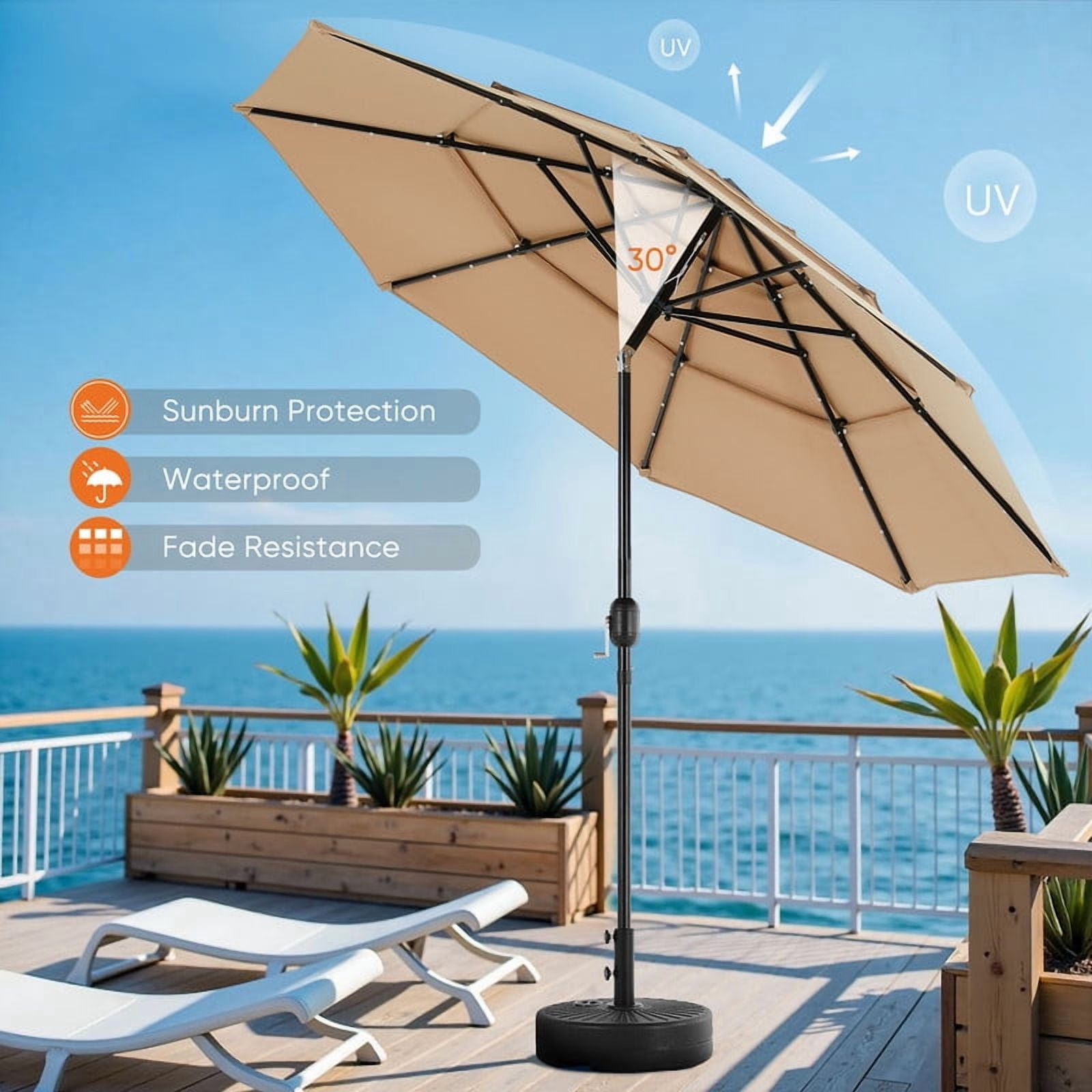 Gianna 10FT 3-Tier Solar Patio Umbrella with 32 LED Lights, Outdoor Umbrellas with Push Button Tilt and Crank,Khaki-1