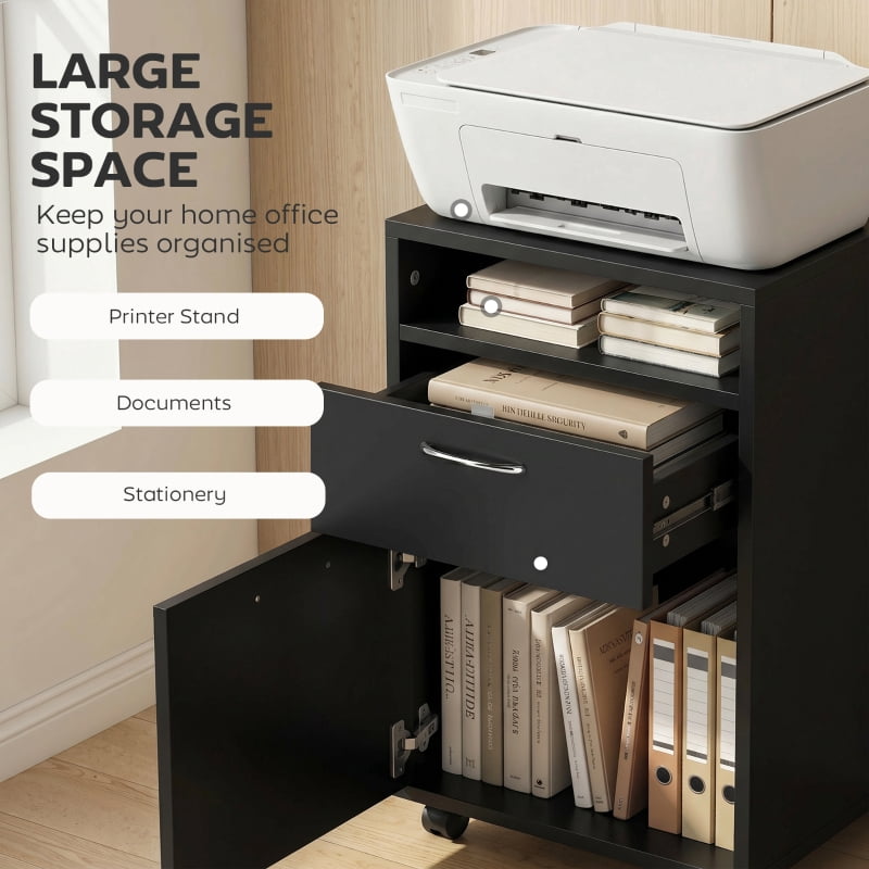 Alvantor Mobile Printer Storage Cabinet with Drawer & Cabinet, Rolling Organizer on Wheels 15.7"W x 13.8"D x 23.6"H Black