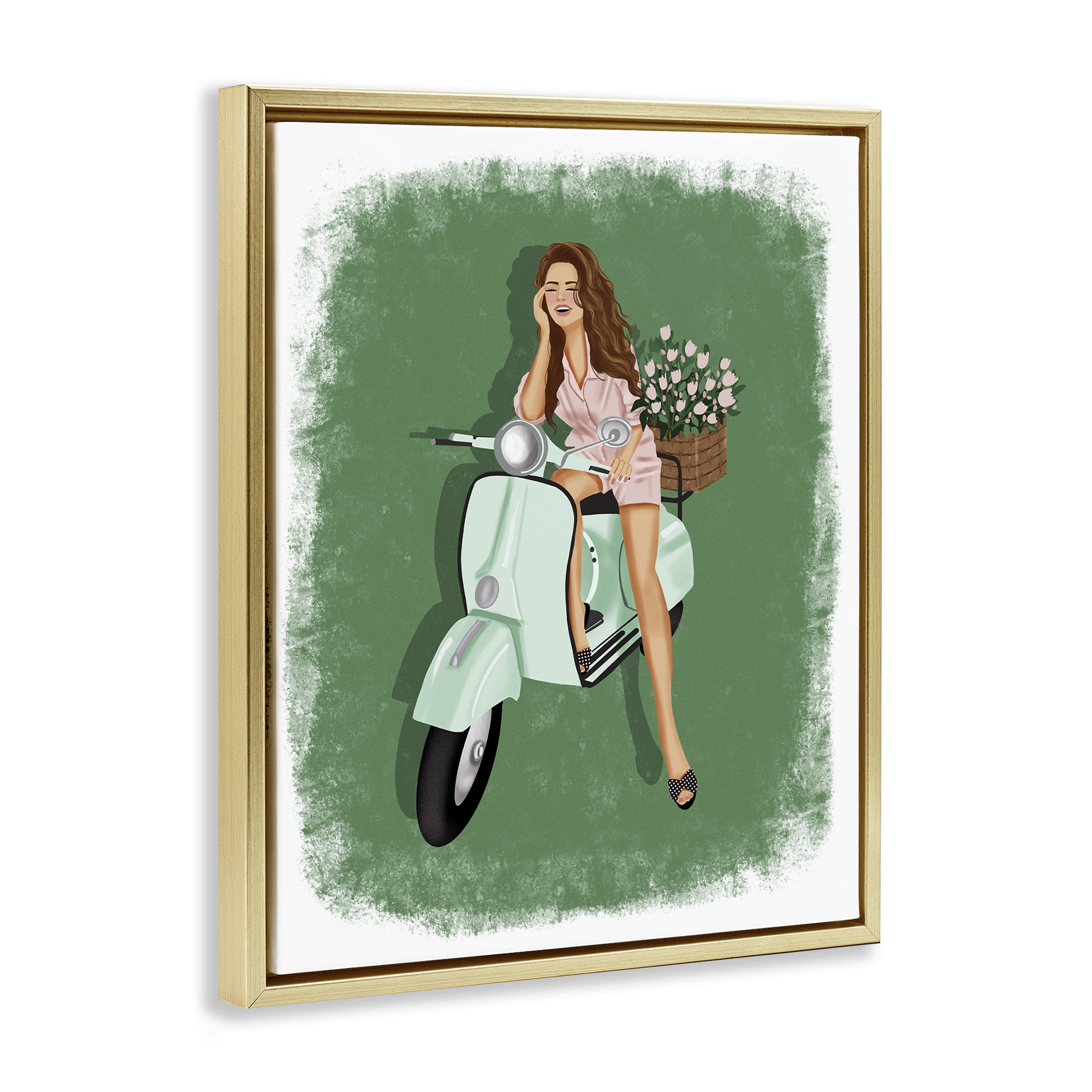 Stupell Industries Laughing Girl on Scooter People Painting Gold Floater Framed Canvas Art Print Wall Art, 25 x 31