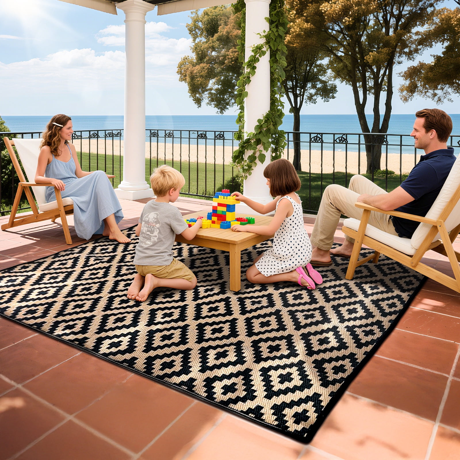 ZRSDIXK 5'×8' Outdoor Rug Waterproof Patio Carpet Outdoor Area Rug Large Plastic Straw Mat for RV Camping Porch Deck Balcony, Black and Brown