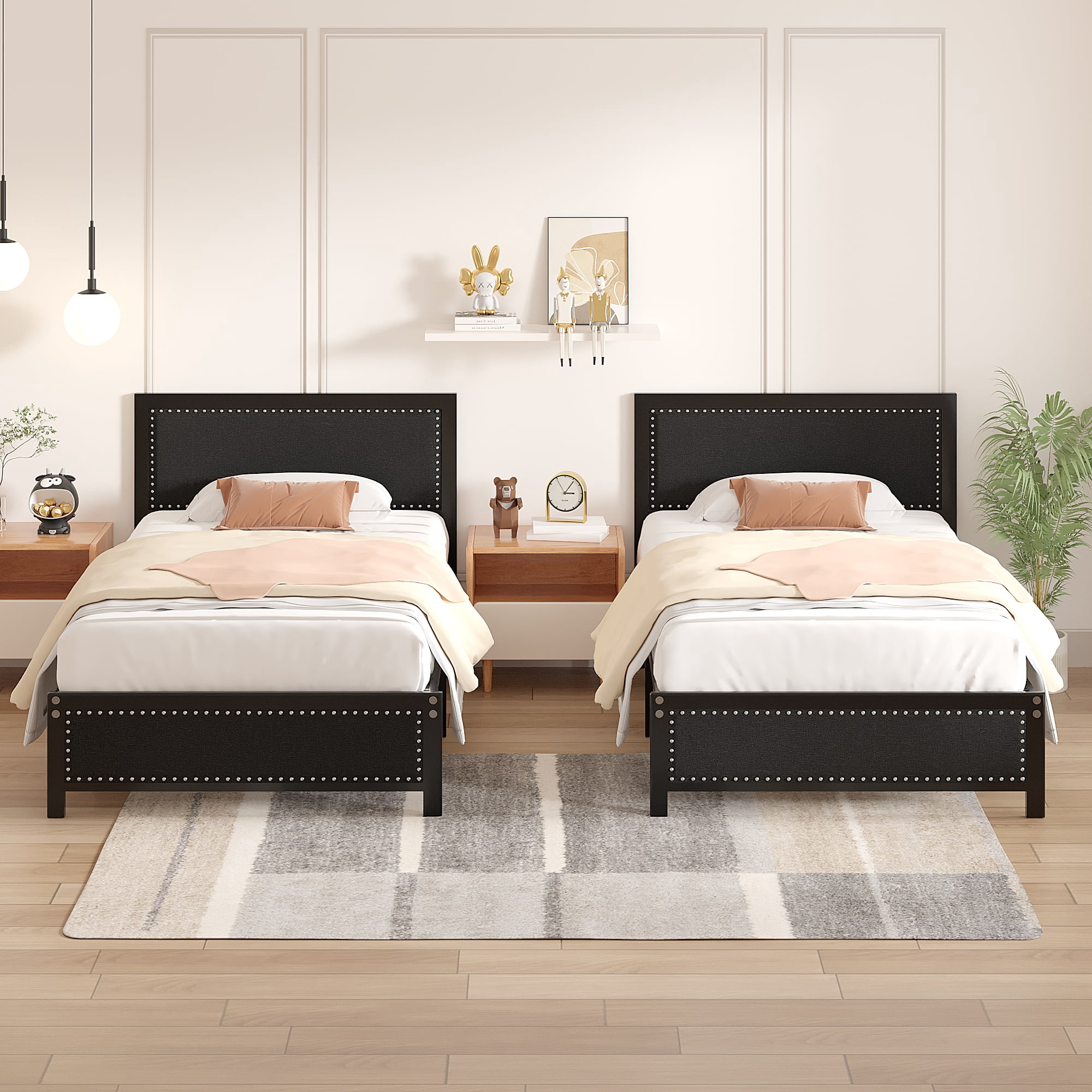 VECELO Twin Size Bed Frame Metal Platform Bed with Upholstered Headboard, No Box Spring Needed, Black