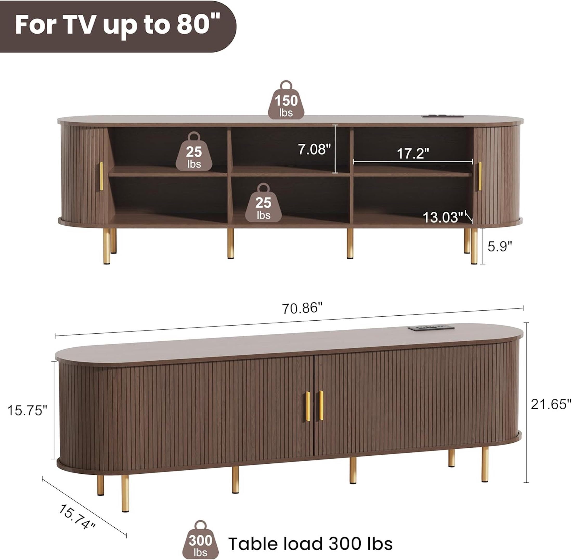AISWORD 71 Inch TV Stand with Power Outlet for TVs up to 80 Inch, Entertainment Center with Storage and Adjustable Shelves, Media Console with Sliding Doors for Living Room, Brown