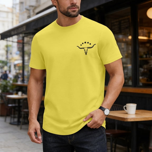 Basic Tees for Men Mens Western Cotton T Shirts Vintage Printed Summer Short Sleeve Tee Shirts Casual Crewneck Tops Yellow S