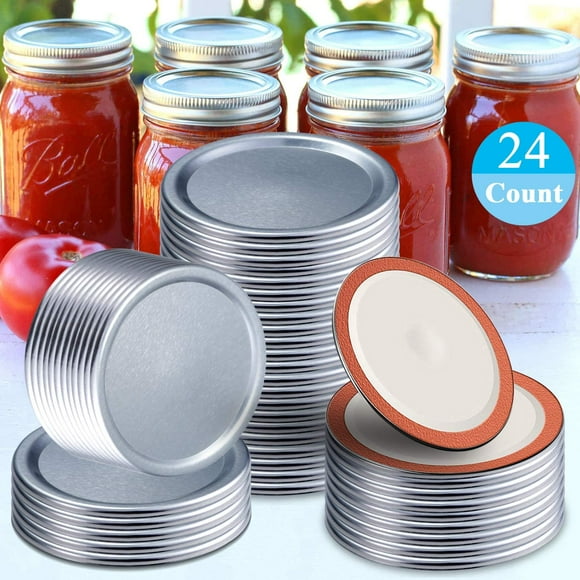 Couvercles de Mise en Conserve, Lot de 24, Pots Plats à Ouverture Régulière pour Ball, Pots Kerr Ewadoo, Couvercle de Pot Mason en Métal à Fente pour la Mise en Conserve, Matériau de Qualité Alimentaire, Convient aux Petits Pots à Ouverture (86 mm, Argent, Couvercles)