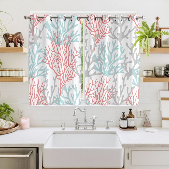 Red Blue Coral Coastal Window Curtains Panels with Silver Grommet, Summer Beach Seaside Nautical Kitchen Cafe Curtain Draperies Window Treatment Set for Living Room/Bedroom/Laundry/Bathroom, 104x63