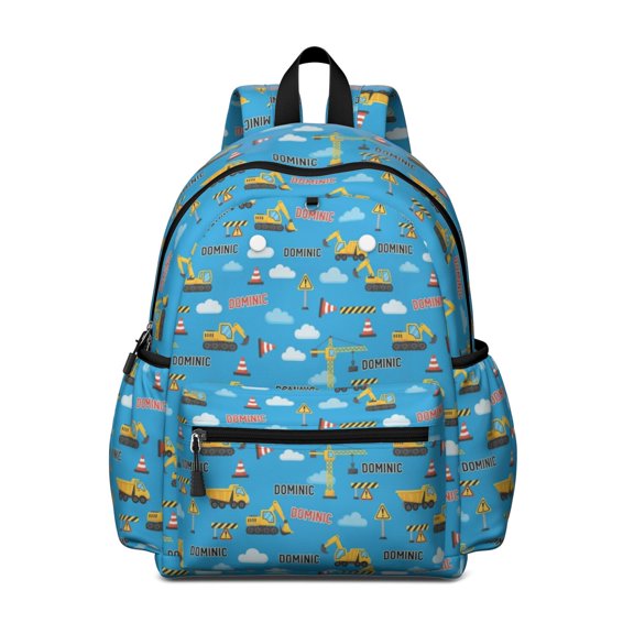 Excavator and Crane Blue Pattern Backpack for School, Cute School Bag with Adjustable Shoulder Straps and Padded Back, 13.4"x11"x4.7"