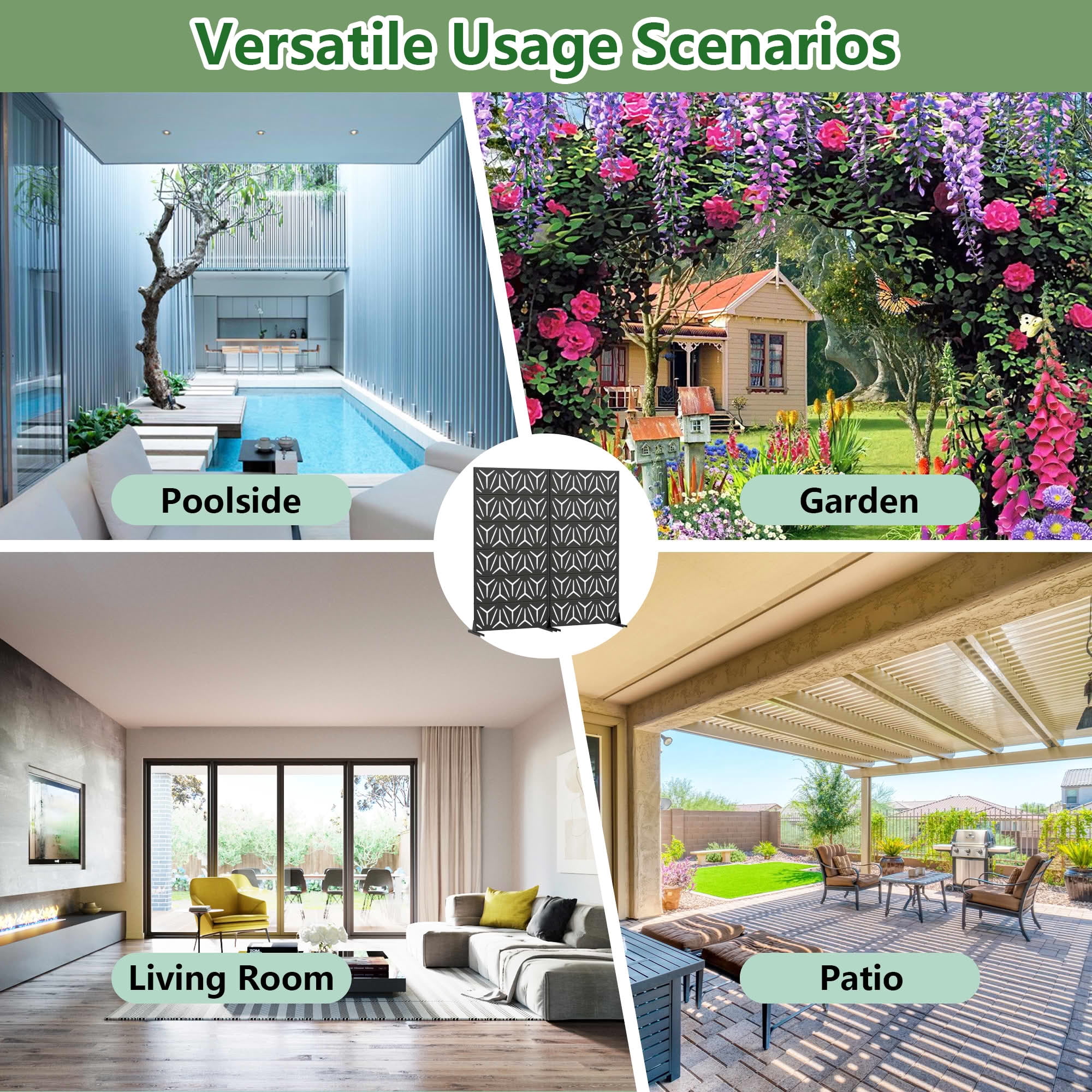 MAYEERTY 2-Piece Outdoor Metal Privacy Screen 6ft × 3ft Black, 6-Panel Geometric Y-Pattern Decorative Screen for Patio