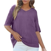 Women's Plus Size Knitted Sweater Short Sleeve Crew Neck Pullover Top Casual Solid Color Sweater with Pocket