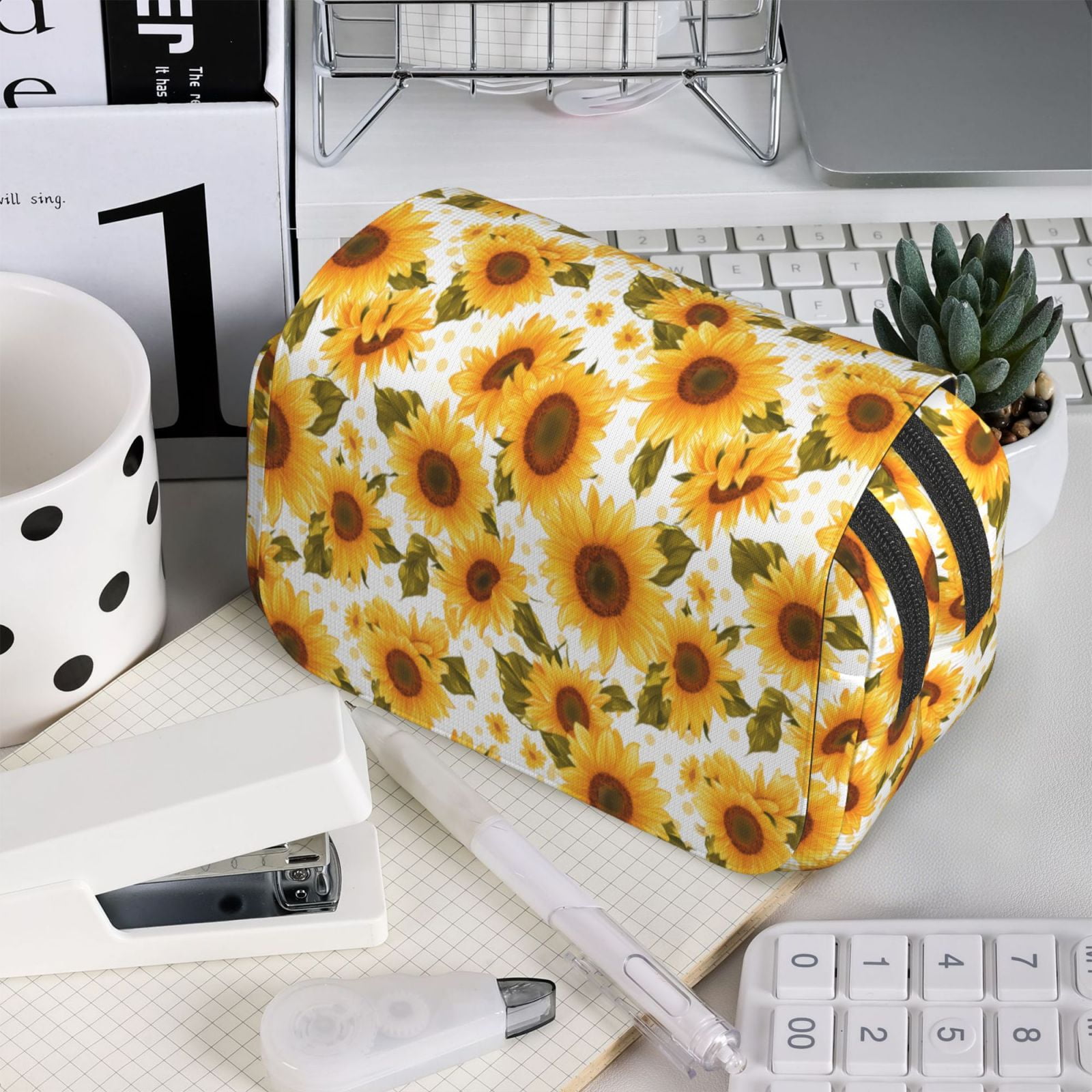 Rateoe Modern Elegant Sunflower Pattern Double Clamshell Pen Case, Storage Organizer with Two Zipper Compartments– Holds Up to 50 Pencils & Pens