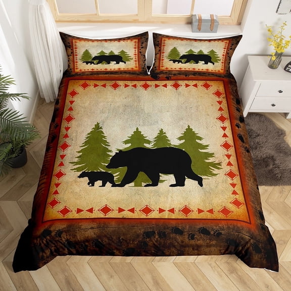 Bear Duvet Cover Queen Size Rustic Farmhouse Bear Wildlife Comforter Cover Wild Bear Bedding Set Country Cabin Lodge Decor Quilt Cover Nature Woodland Bear Paw Print Bedspread Cover Brown Green 3Pcs