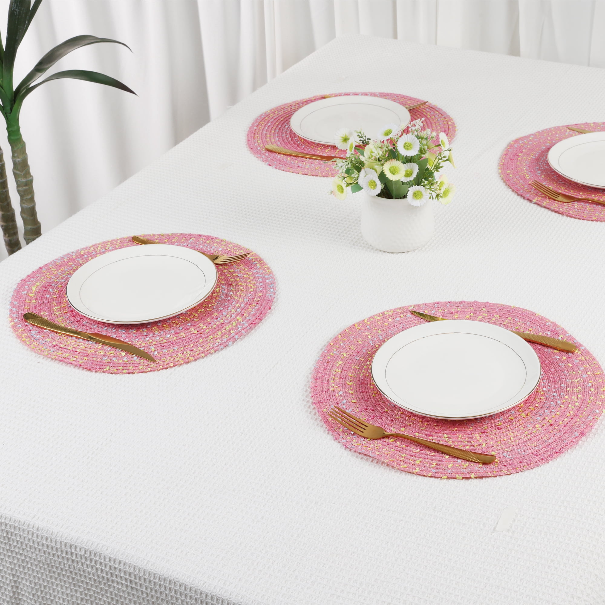 Unique Bargains Rustic Set of 6 Round Placemats for Dining Table Decor Pink