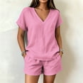 thumbnail image 4 of Pounoo Sets for Women 2 Piece V Neck Short Sleeve Top Elastic Waist Shorts Casual Summer Beach Vacation Matching Outfits, 4 of 9