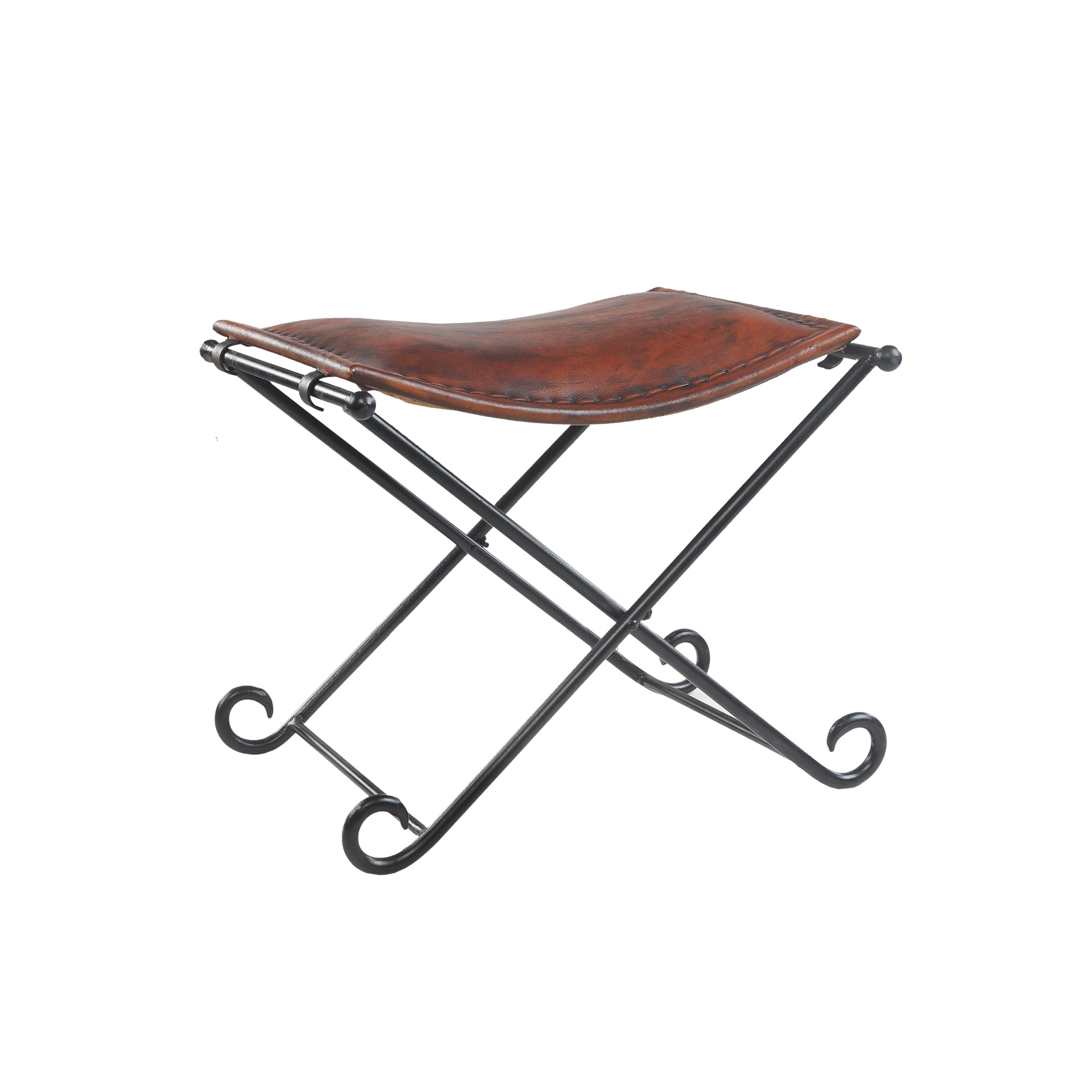 Ox Bay Bree Rustic Lodge Leather and Metal Portable Seating Stool, Brown/Black