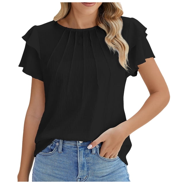 Blouses de Travail Décontractées à Manches Courtes Col Rond pour Femmes - Design Plissé, Léger, Tenue Toutes Saisons