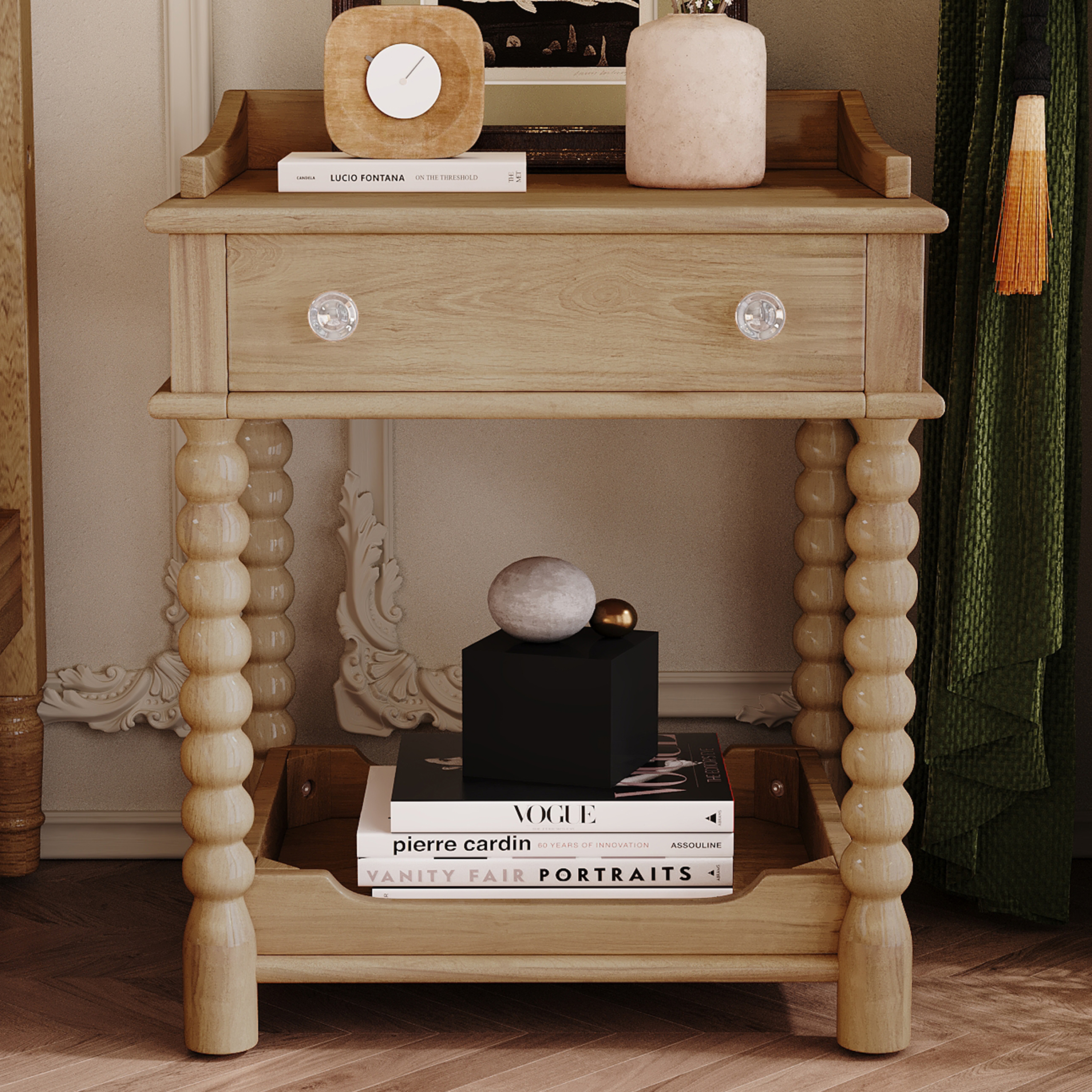 Euroco Retro Nightstand with Storage Drawer, 20 Inch Wider Bedside Table with Bottom Shelf,2-Tier Wood End Table for Bedroom, Living Room, Closet,Natural