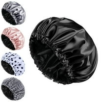 Shower Cap for Women - Double Layer Satin, Adjustable Reusable Waterproof & Washable Extra Large Hair Cap Black