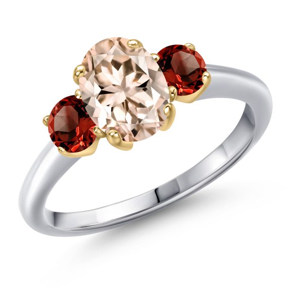 Gem Stone King 925 Silver and 10K Yellow Gold Peach Morganite and Red Garnet Engagement Ring for Women | 1.74 Cttw | Oval 8X6MM | Gemstone October Birthstone | Size 8