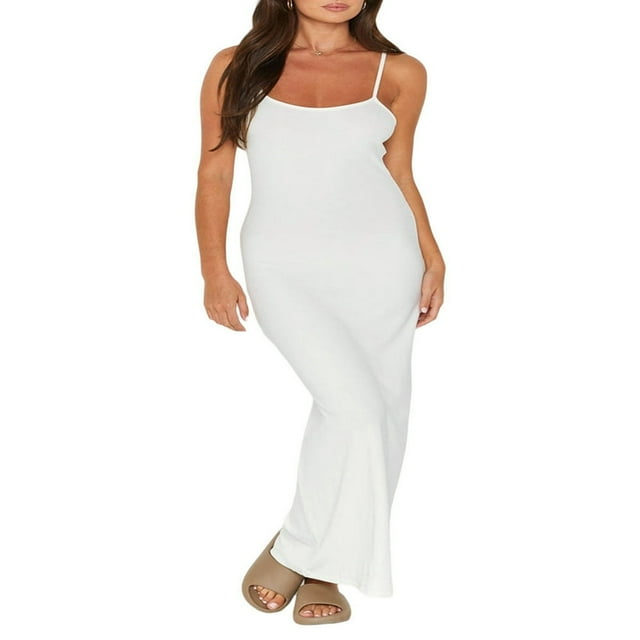 Robe Débardeur Ajustée à Bretelles Spaghetti pour Femmes Été Sans Manches Côtelée Longue