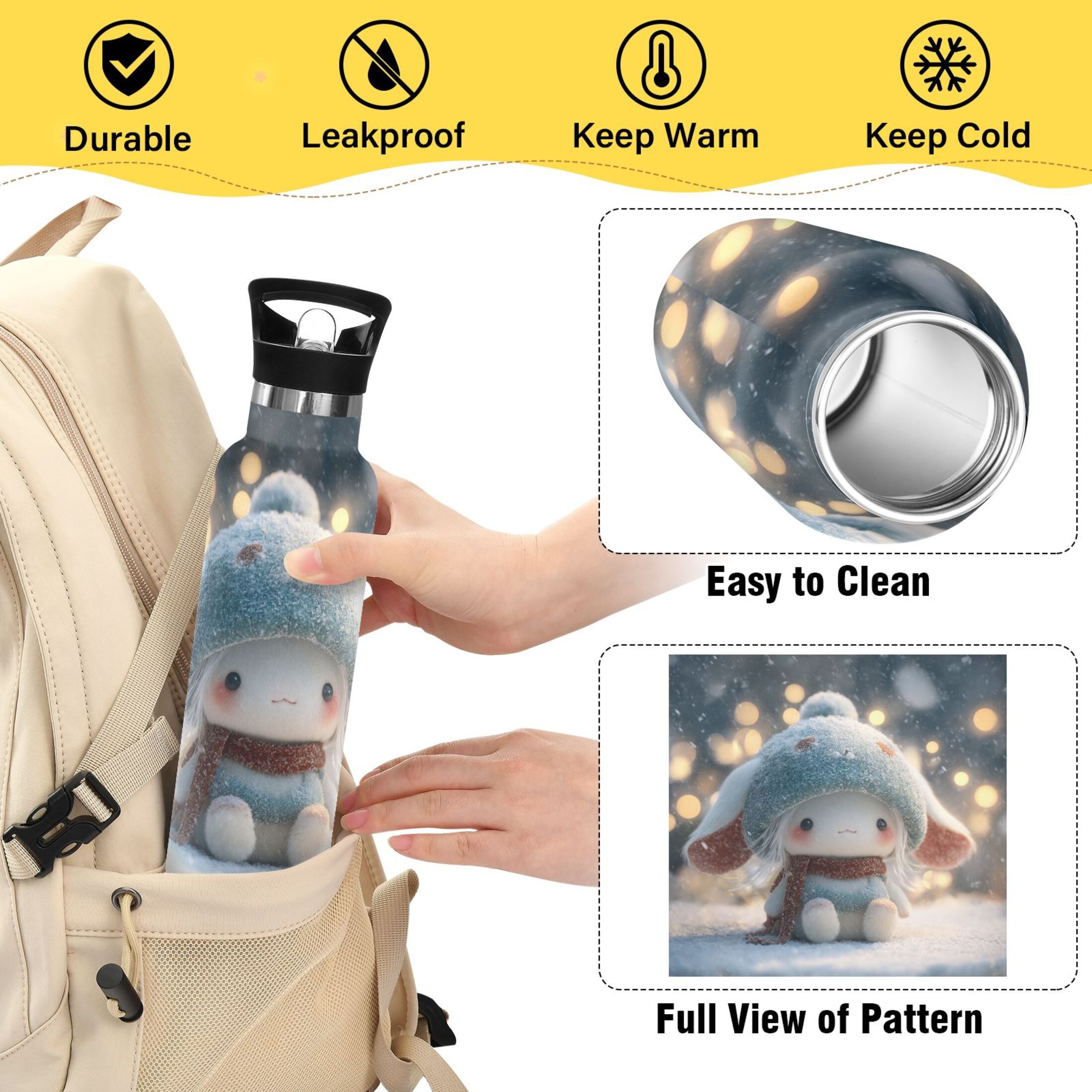600ML Stainless Steel Insulated Cup Sports Water Bottle Portable Thermos Cup Water Glasses Insulated Tumblers Convenient and Durable Christmas Sprite