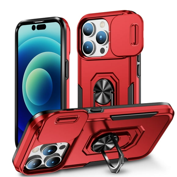 for iPhone 14 Pro Max Hard Case, with Camera Cover & Kickstand Holder, Built-in 360°Rotate Ring Stand Anti-scratch Drop Protection Magnetic Phone Case for Apple iPhone 14 Pro Max - Red