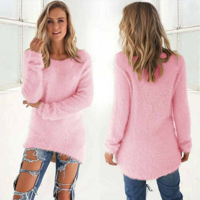 Jsaierl Women's Trendy Warm Sweaters Solid Color Long Sleeve Round Neck Pullovers Basic Loose Home Fluffy Fuzzy Jumper