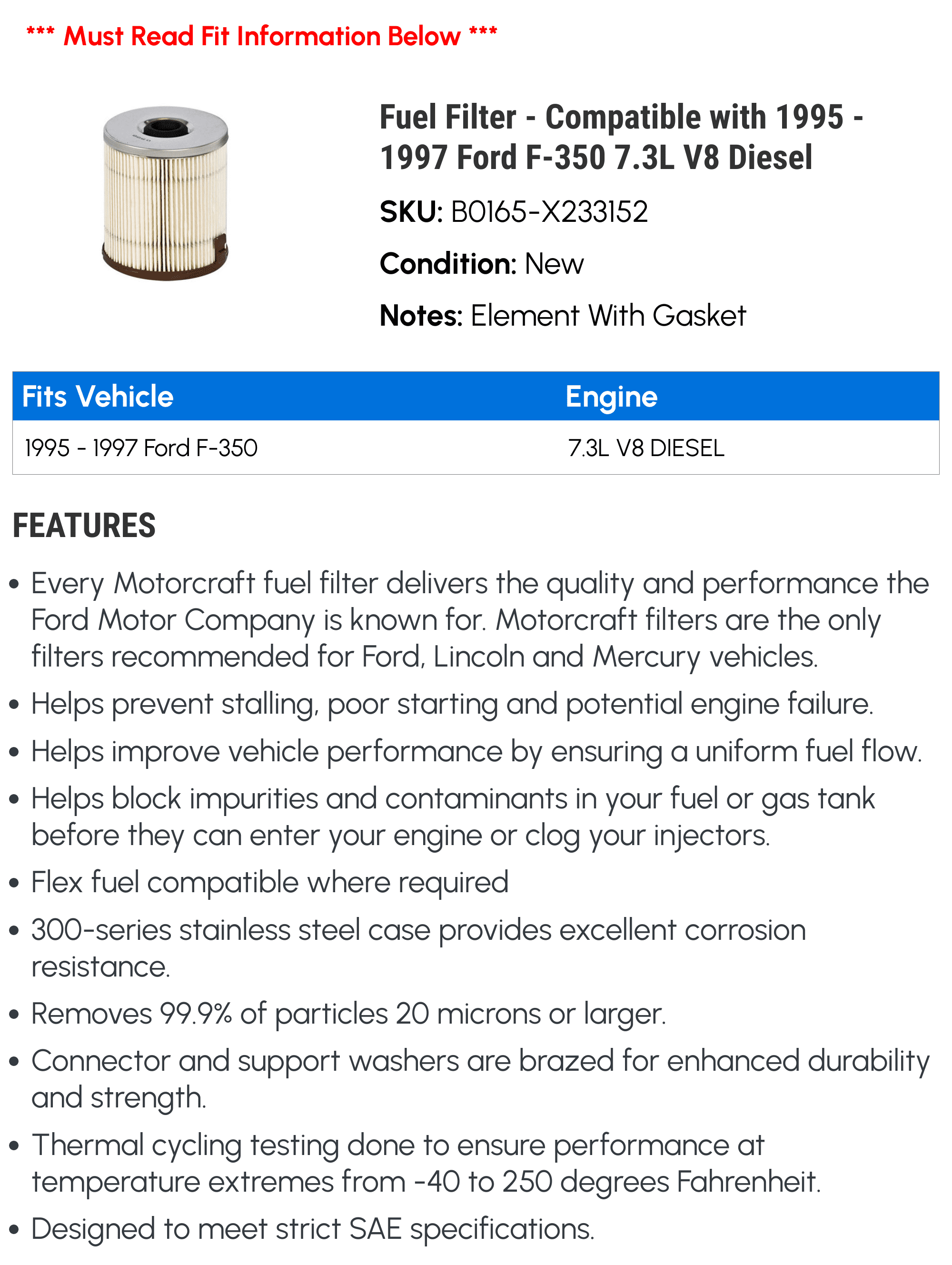 Fuel Filter - Compatible with 1995 - 1997 Ford F-350 7.3L V8 Diesel 1996