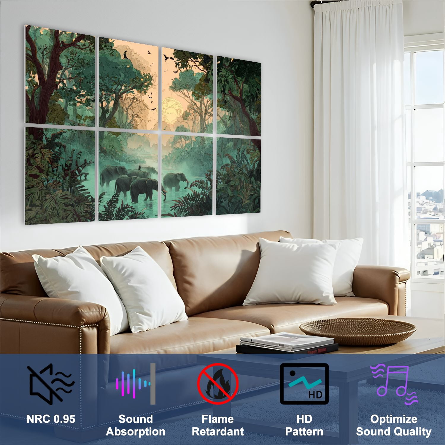 8 Pack Art Acoustic Panels Sound Absorbing Majestic Elephants Exotic Rainforest Decorative Soundproof Wall Panels Self Adhesive for Nursery Game Room Bedroom 48"x32"