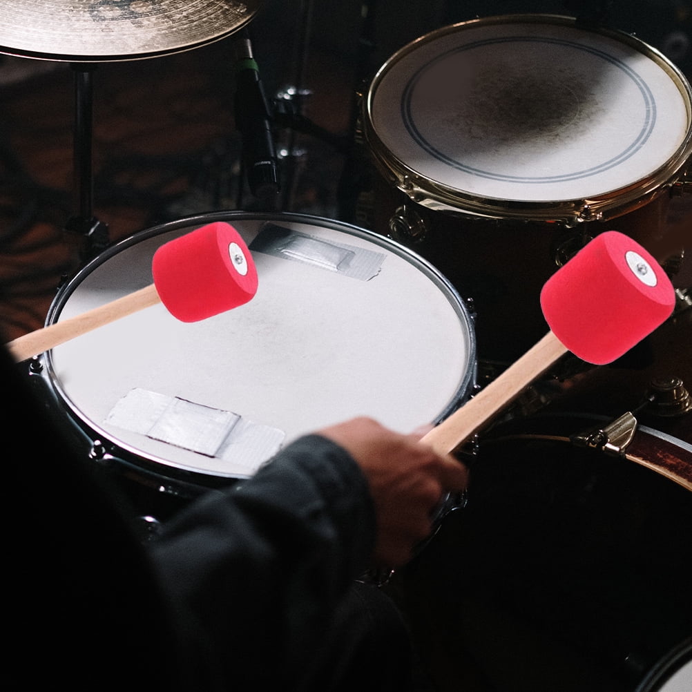 WRISTBIQUE 2Pairs Bass Drum Mallet with Eva Foam Head and Wooden Handle Comfortable Grip Red