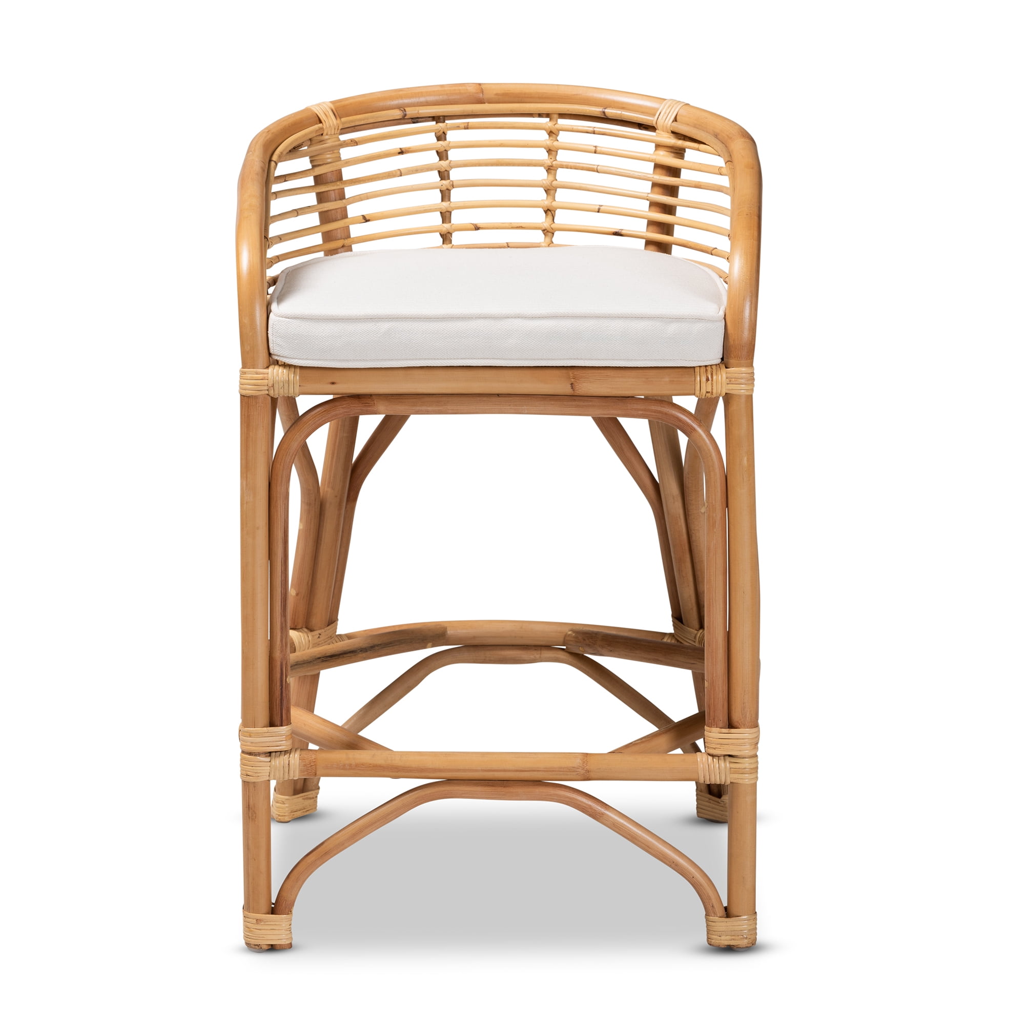 bali & pari Maverick Modern Boho White Fabric Upholstered and Brown Rattan Counter Stool